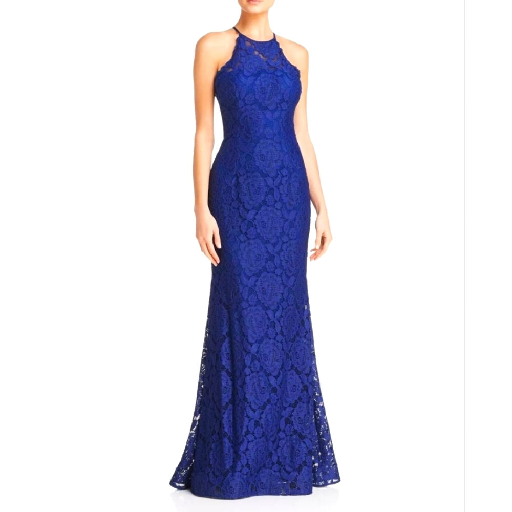 AQUA Womens Halter Blue Illusion Gown Sleeveless Full-Length Evening Dress 8